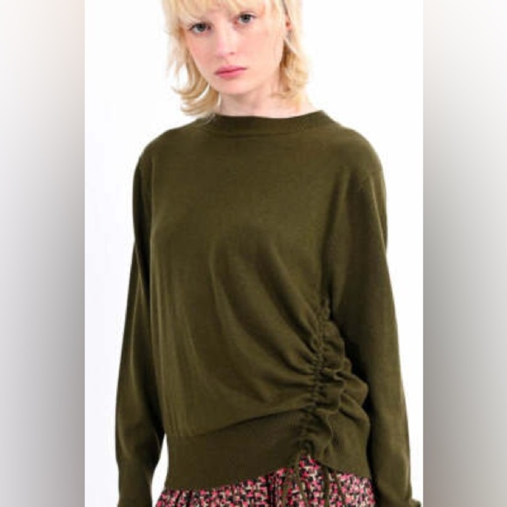 Lili Sidonio Anthropologie Women's Ruched Side Green Crew Neck Sweater- Size M‎
